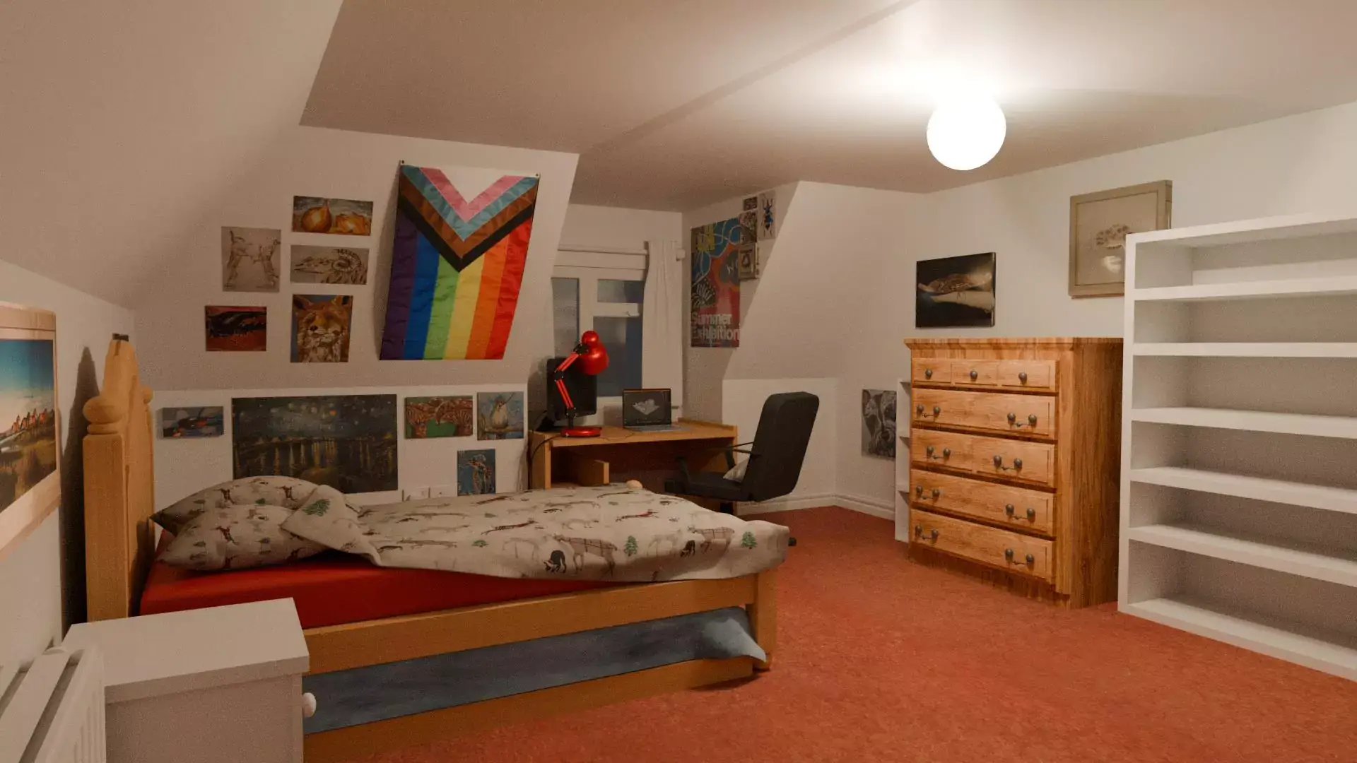 A zoomed out screenshot of an entire bedroom modelled in blender. Visible is the bed, bookshelf, chest of drawers, bedside table, desk and posters on the walls